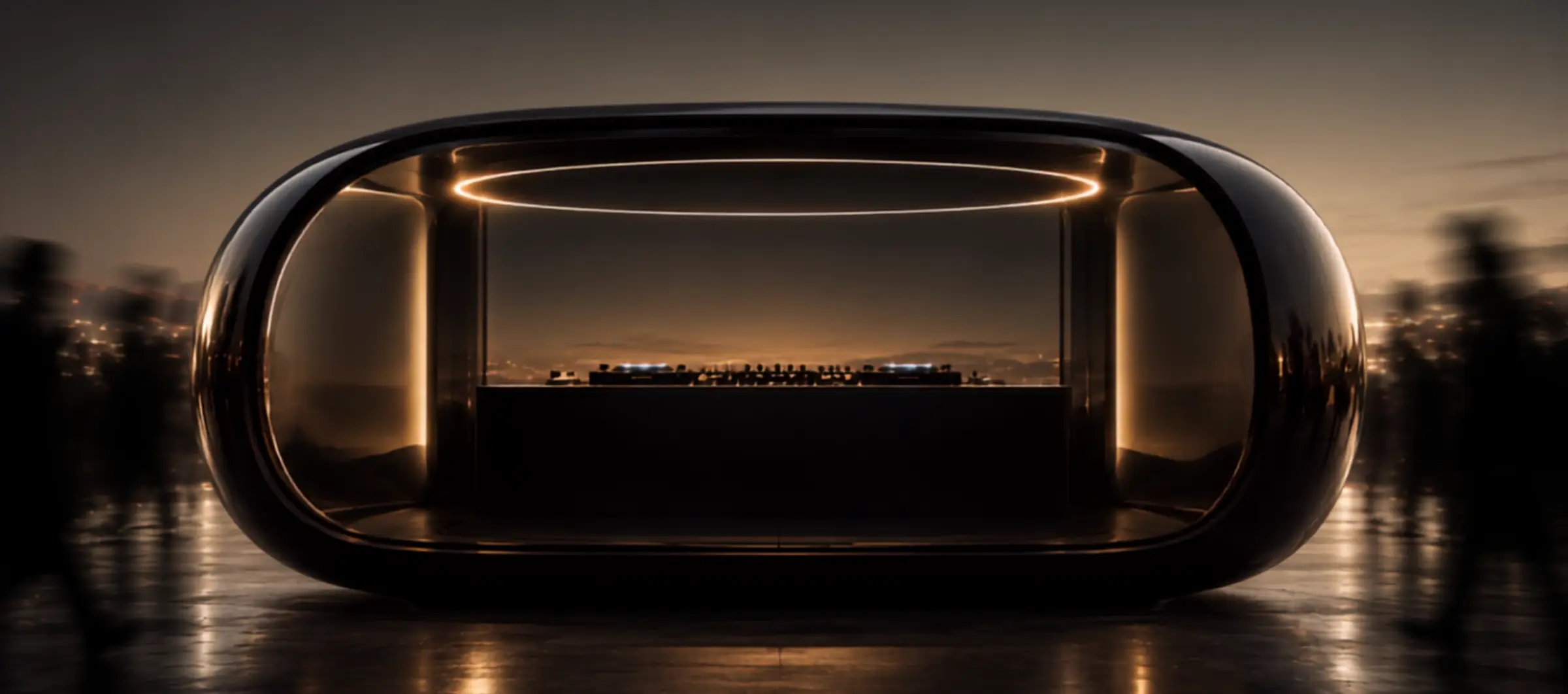 A mirrored capsule containing a DJ booth, standing on a wet plaza at dusk while blurred figures pass around it.